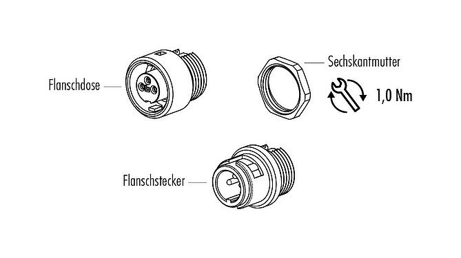 Einzelteildarstellung Bajonett Flanschdose, Polzahl: 2, ungeschirmt, löten, IP40, M10x0,75, Frontmontage