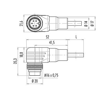 Scale drawing 79 6329 200 12 - M16 Male angled connector, Contacts: 12 (12-a), shielded, moulded on the cable, IP67, TPE-U (PUR), black, 12 x 0.25 mm², 2 m