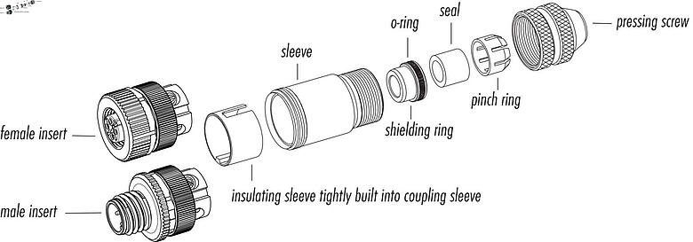 Component part drawing M12 Female cable connector, Contacts: 8, 4.0-6.0 mm, shieldable, screw clamp, IP67, with shielding ring