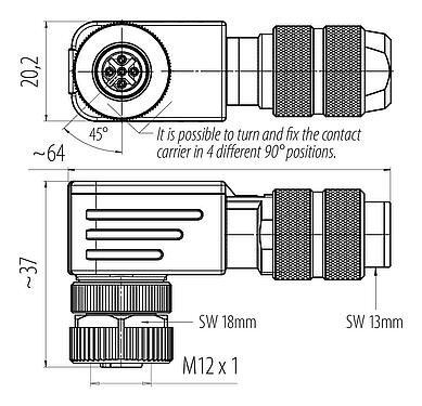 Dibujo a escala M12 Conector hembra en ángulo, Número de contactos: 4, 5,0-8,0 mm, blindable, tornillo extraíble, IP67, UL 2238, Pluma de iris