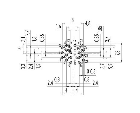 Conductor layout 09 0198 90 24 - M16 Female panel mount connector, Contacts: 24, unshielded, THT, IP40, front fastened