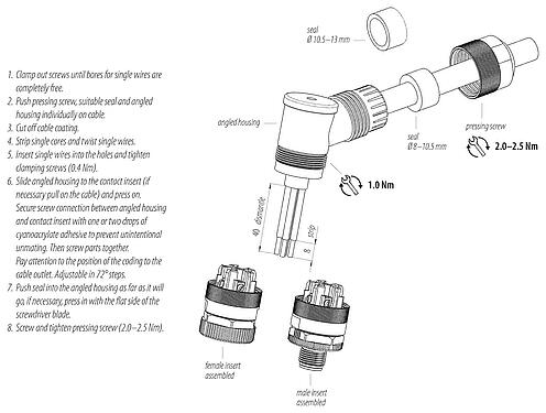 Instrucción de montaje M12 Conector hembra en ángulo, Número de contactos: 4+FE, 8,0-13,0 mm, sin blindaje, tornillo extraíble, IP67, M12x1,0, para la fuente de alimentación (potencia), UL 2237 en preparación, con conexión de PE