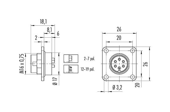 Scale drawing 09 0453 300 14 - M16 Square male panel mount connector, Contacts: 14 (14-b), unshielded, solder, IP67, UL
