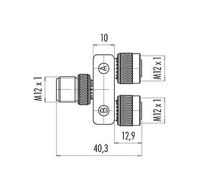 比例图 79 5208 00 05 - M12 双分线盒,Y 型分配器, 针头连接器 M12x1 - 2 孔头连接器 M12x1, 极数: 5, 非屏蔽, 插拔式, IP68, UL