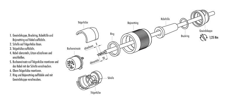 Montageanleitung Bajonett Kabeldose, Polzahl: 12, 5,0-8,0 mm, schirmbar, löten, IP40