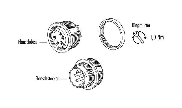 Einzelteildarstellung M16 Flanschdose, Polzahl: 24, ungeschirmt, löten, IP67, UL 2238, M18x0,75, Frontmontage