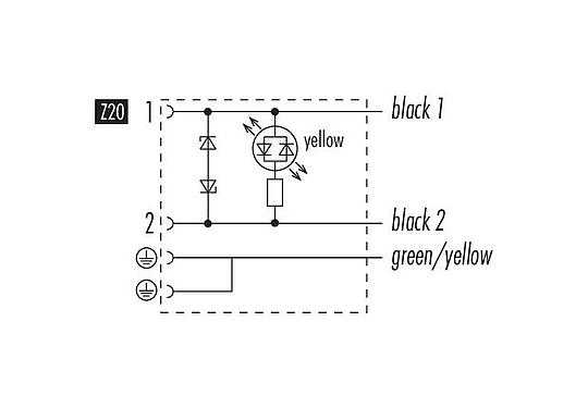 Pin assignment plans Female solenoid valve connector, Contacts: 2+2PE, unshielded, moulded on the cable, IP67, PUR, black, Circuit Z20, with LED PNP, 3 m