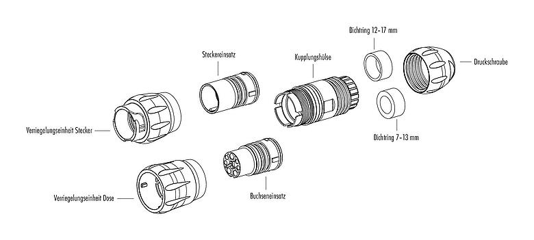 Einzelteildarstellung Bajonett Kabelstecker, Polzahl: 12, 7,0-13,0 mm, ungeschirmt, crimpen (Crimpkontakte müssen separat bestellt werden), IP68/IP69K, UL 2238, VDE, UV-Beständig