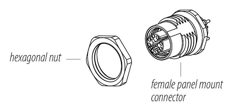 Assembly instructions M12 Female panel mount connector, Contacts: 8, shieldable, THT, IP67, UL, M16x1.5, Rear mounting