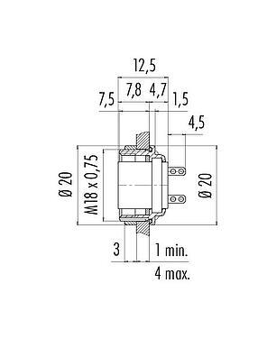 Maßzeichnung M16 Flanschdose, Polzahl: 5 (05-a), ungeschirmt, löten, IP67, UL 2238, M18x0,75, Rückwandmontage