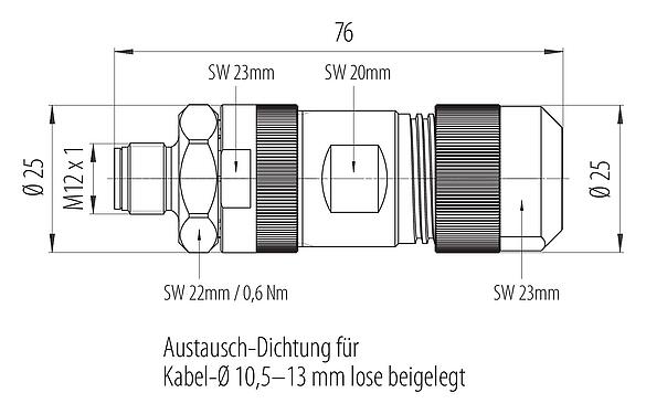 Maßzeichnung 99 0639 39 05 - M12 Kabelstecker, Polzahl: 4+FE, 8,0-13,0 mm, ungeschirmt, schraubklemm, IP67, M12x1,0, Edelstahl