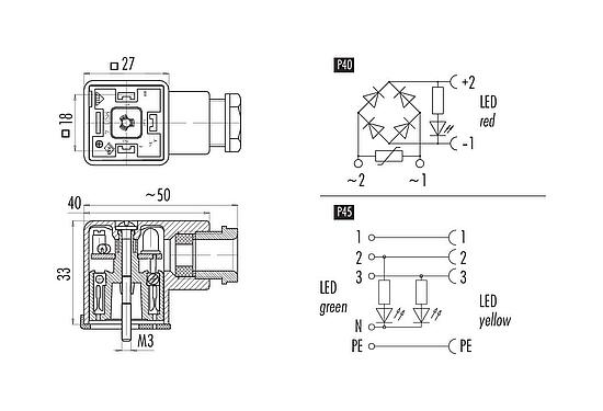Scale drawing Female power connector, Contacts: 3+PE, 8.0-10.0 mm, unshielded, screw clamp, IP40 without seal, PG 11, Circuit P45, with LED PNP