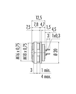Maßzeichnung M16 Flanschdose, Polzahl: 4 (04-a), ungeschirmt, THT, IP67, UL 2238, M18x0,75, Rückwandmontage