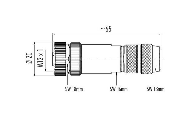 스케일 드로잉 99 1632 812 04 - M12 케이블 소켓, 콘택트 렌즈: 4, 8.0-9.0mm, 차폐 가능, 나사 클램프, IP67, UL