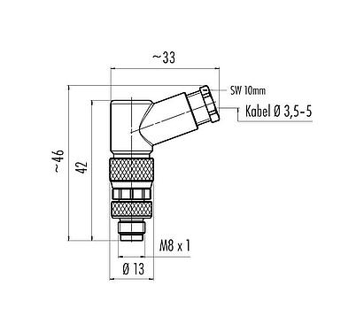 Maßzeichnung M8 Winkelstecker, Polzahl: 4, 3,5-5,0 mm, ungeschirmt, schraubklemm, IP67, UL 2238
