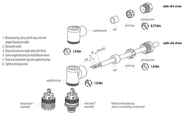 Instrucción de montaje M12 Conector hembra en ángulo, Número de contactos: 4, 4,0-6,0 mm, sin blindaje, tornillo extraíble, IP67, UL 2238