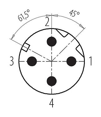 Disposition des contacts (Côté plug-in) M12 Connecteur mâle, Contacts: 4, 5,5-8,6 mm, blindable, pince à visser, IP69K, UL 2238, Acier inoxydable, avec anneau de protection