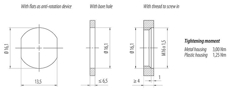 Muestra de montaje M12 Enchufe de brida, Número de contactos: 4+FE, sin blindaje, THR, IP67, UL 2238, M16x1,5, Montaje en pared