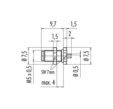 Scale drawing M5 Male panel mount connector, Contacts: 4, unshielded, THT, IP67, M5x0.5, Rear mounting
