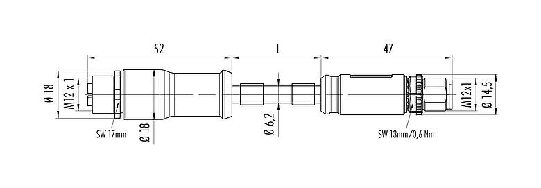Dibujo a escala M12 Cable de conexión conector de cable macho - conector de cable hembra, Número de contactos: 8, blindado, moldeado en el cable, IP67, UL, PUR, verde, AWG 26/7, 5 m