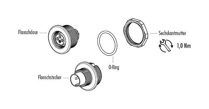 Einzelteildarstellung M9 Flanschdose, Polzahl: 2, ungeschirmt, löten, IP67, M12x0,5, Frontmontage