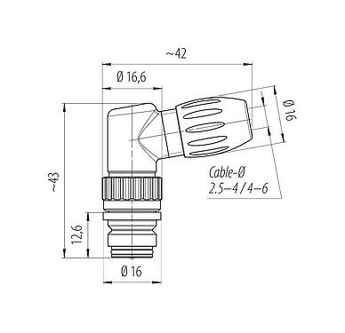 Dibujo a escala Snap-In Conector hembra en ángulo, Número de contactos: 8, 4,0-6,0 mm, sin blindaje, soldadura, IP67
