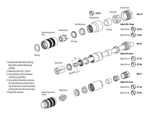 Montageanleitung M16 Kabelstecker, Polzahl: 7 (07-a), 6,0-8,0 mm, schirmbar, löten, IP67, UL 2238
