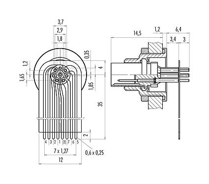 Conexión y dimensiones
M9 Enchufe de brida, Número de contactos: 8, sin blindaje, THT, IP67, M12x0,5, Montaje en pared