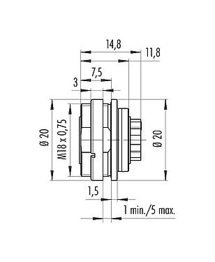 Scale drawing M16 Female panel mount connector, Contacts: 6 (06-a), unshielded, crimping (Crimp contacts must be ordered separately), IP67, UL 2238, M18x0,75, Rear mounting