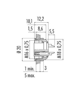 Scale drawing M16 Female panel mount connector, Contacts: 2 (02-a), unshielded, solder, IP67, UL 2238, M18x0,75, Front mounting