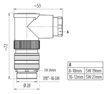 Scale drawing 7/8" Male angled connector, Contacts: 4+PE, 10.0-12.0 mm, unshielded, screw clamp, IP67, UL 2238, VDE