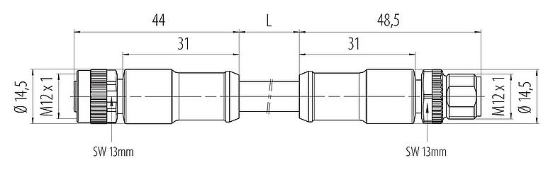 Dessin coté M12 Câble de raccordement connecteur mâle - connecteur femelle, Contacts: 2+PE, non blindé, surmoulé sur le câble, IP68, UL 2238, PUR, noir, 3 x 1,50 mm², 2 m