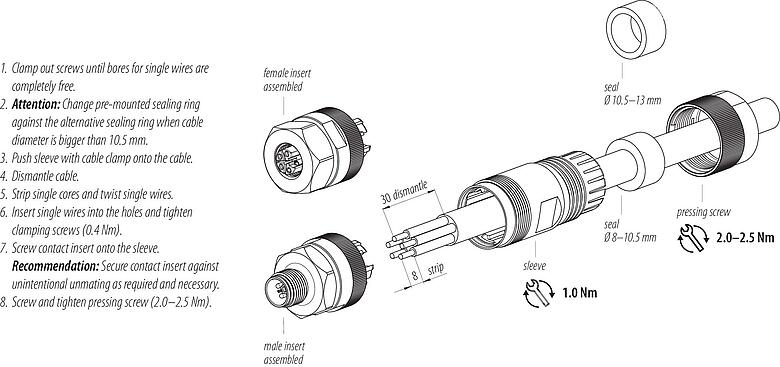 조립 지침 99 0639 39 05 - M12 케이블 커넥터, 콘택트 렌즈: 4+FE, 8.0-13.0mm, 차폐되지 않음, 나사 클램프, IP67, M12x1.0, 스테인리스 스틸