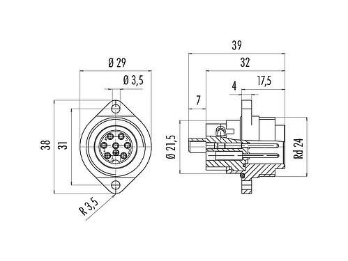 Dibujo a escala RD24 Enchufe de brida, Número de contactos: 6+PE, sin blindaje, tornillo extraíble, IP67, UL, ESTI+, VDE, Montaje frontal