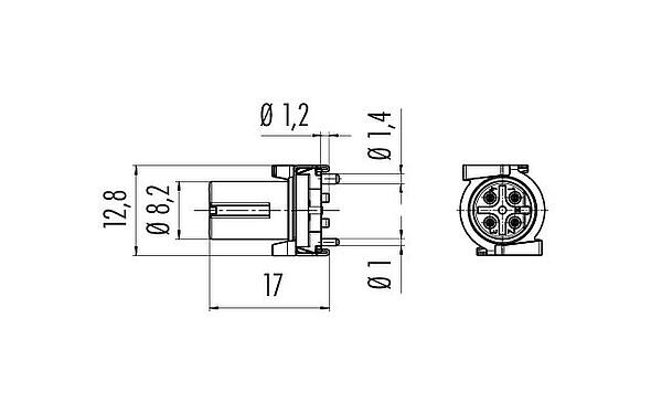 Schaaltekening M12 Female chassisdeel, aantal polen: 4, schermbaar, SMT, IP67