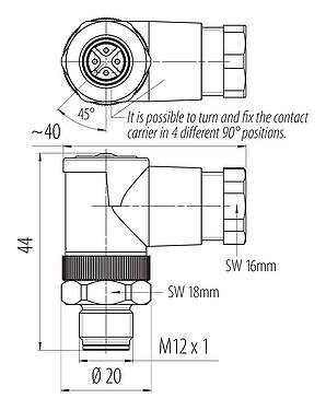 Dibujo a escala M12 Conector macho en ángulo, Número de contactos: 4, 6,0-8,0 mm, sin blindaje, tornillo extraíble, IP67, UL 2238