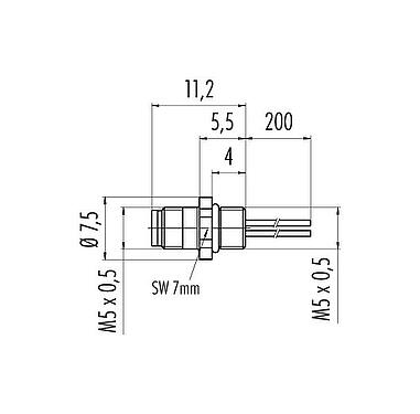 Scale drawing M5 Male panel mount connector, Contacts: 3, unshielded, single wires, IP67, M5x0.5, Front mounting
