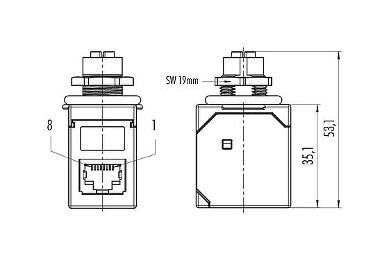 스케일 드로잉 M12 제어 캐비닛 부싱, 소켓 - RJ45 각진, 콘택트 렌즈: 8, 쉴드, 플러그형, IP67, UL, 후면 월 마운팅
