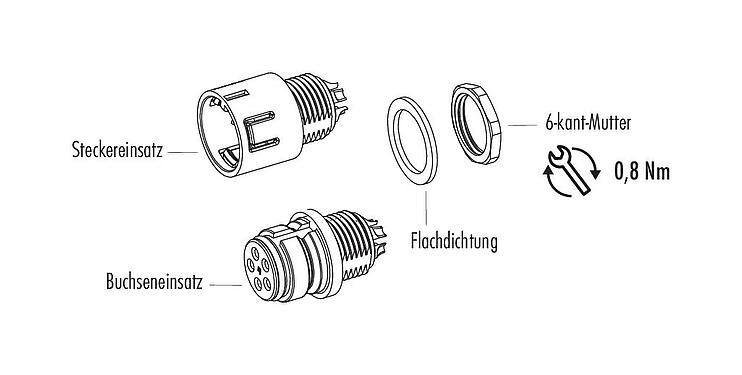 Einzelteildarstellung Snap-In Flanschdose, Polzahl: 12, ungeschirmt, löten, IP67, UL 2238, VDE, M12x1,0, Frontmontage