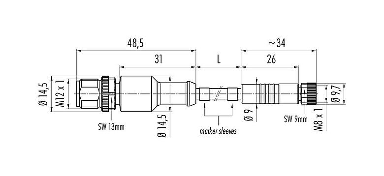 Scale drawing M12/M8 Male cable connector - female cable connector, Contacts: 3, unshielded, moulded on the cable, IP67/IP69K, UL 2238, PUR, black, 3 x 0.34 mm², 1 m