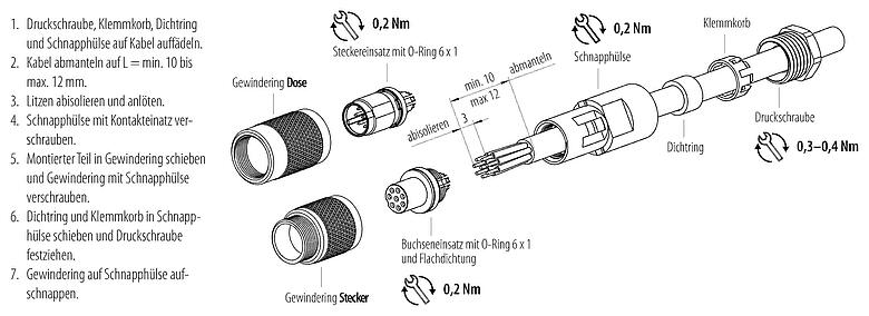 Montageanleitung M9 Kabeldose, Polzahl: 5, 3,5-5,0 mm, ungeschirmt, löten, IP67