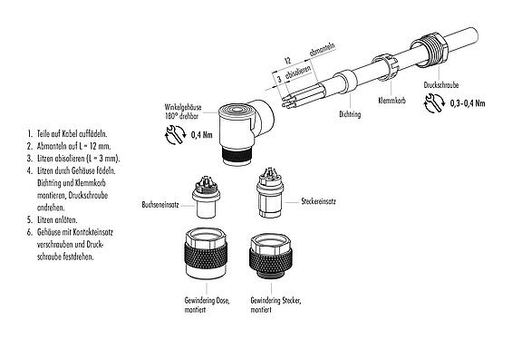 Montageanleitung 99 0409 70 04 - M9 Winkelstecker, Polzahl: 4, 3,5-5,0 mm, ungeschirmt, löten, IP67