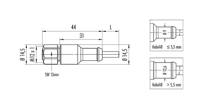 Maßzeichnung M12 Kabeldose, Polzahl: 5, ungeschirmt, am Kabel angespritzt, IP67/IP69K, Ecolab, FDA konform, Spezial TPE, grau, 5 x 0,34 mm², Edelstahl, 2 m