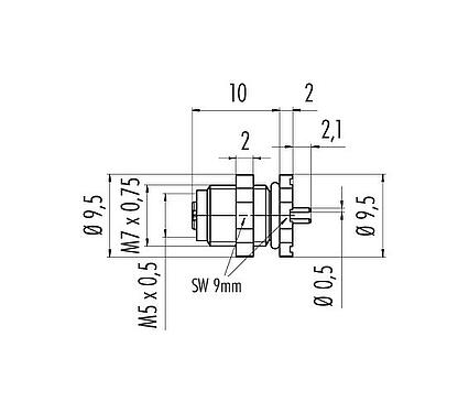 Dibujo a escala M5 Toma de brida, Número de contactos: 4, sin blindaje, THT, IP67, UL 2238, M5x0,5, Montaje en pared