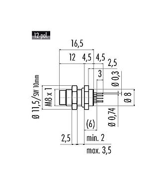 Dibujo a escala M8 Enchufe de brida, Número de contactos: 12, sin blindaje, THT, IP67/IP69K, UL 2238, M8x1,0, Montaje en pared, atornillable desde el frente