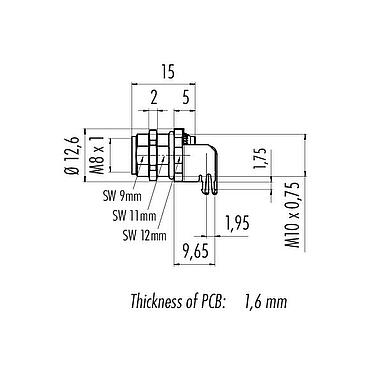Scale drawing M8 Female panel mount connector, Contacts: 6, shieldable, THT, IP67, UL 2238, M10x0.75, Rear mounting