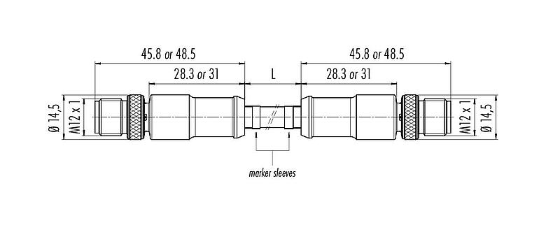 Scale drawing 77 4529 4529 50704-0500 - M12/M12 Connecting cable 2 male cable connectors, Contacts: 4, shielded, moulded on the cable, IP67, UL, Profinet/Ethernet CAT5e, PUR, green, 4 x AWG 22, 5 m