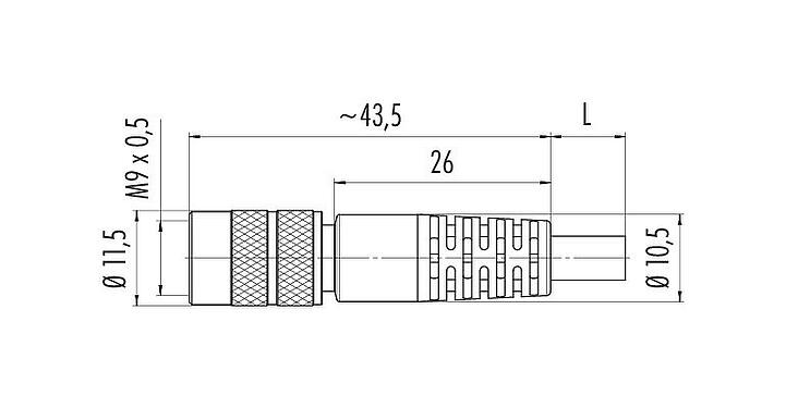 Dessin coté M9 Connecteur femelle, Contacts: 4, blindé, surmoulé sur le câble, IP67, PUR, noir, 5 x 0,25 mm², 5 m