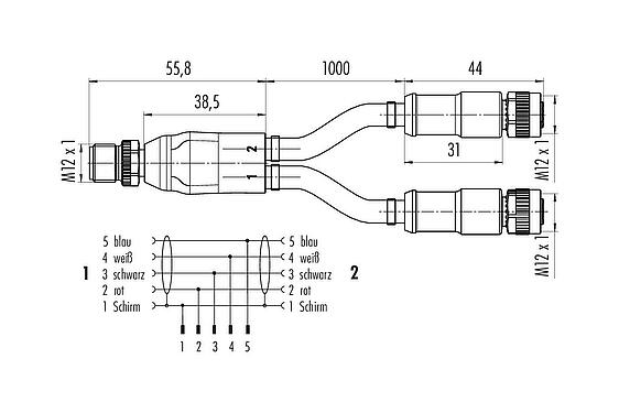 Maßzeichnung M12 Kabelsplitter Kabelstecker - 2 Kabeldosen, Polzahl: 5, geschirmt, am Kabel angespritzt, IP67, CAN-Bus, PUR, violett, 1 x 2 x AWG 22 + 1 x 2 x AWG 24, 2 m