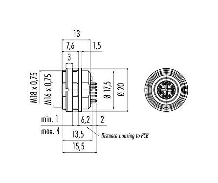 Scale drawing M16 Female panel mount connector, Contacts: 8, shieldable, THR, IP67, M18x0,75, Rear mounting